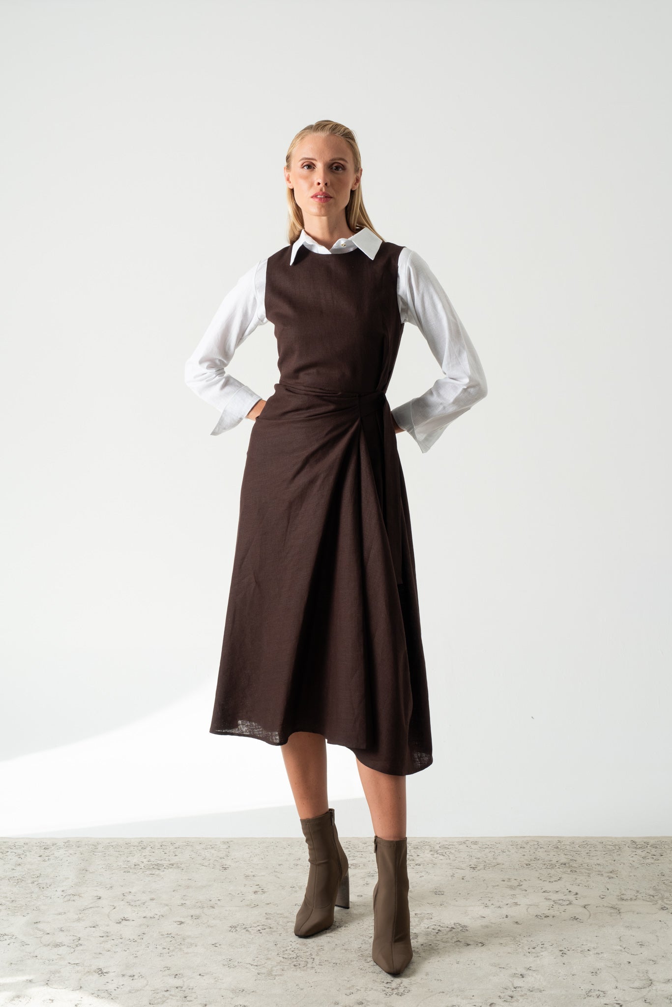 Eda Linen Midi Wrap Dress Brown Espresso Luxmii