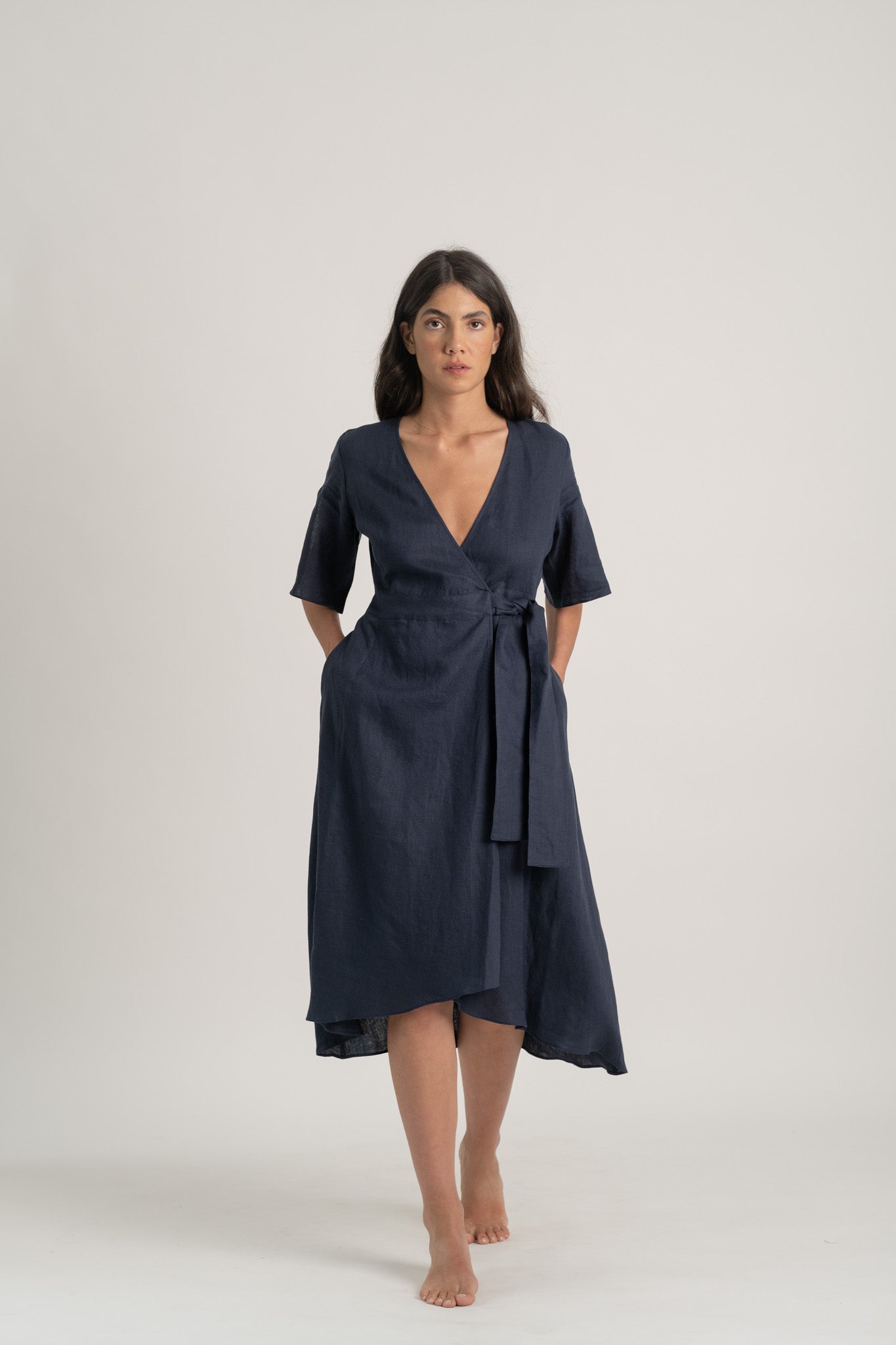 Meraki Linen Wrap Dress Navy Luxmii