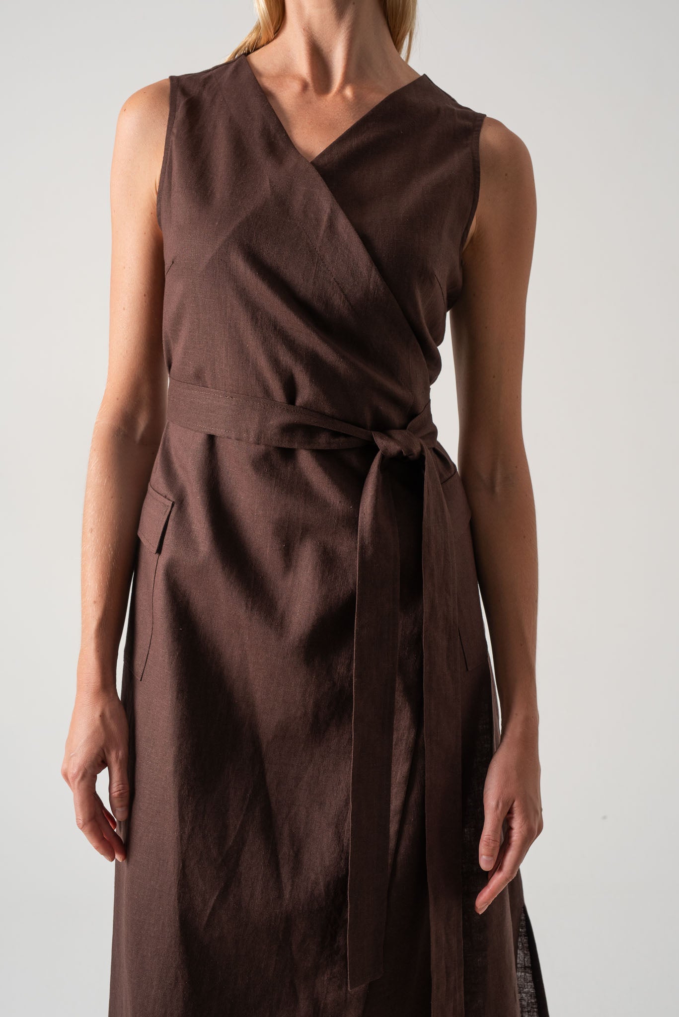 Safari Linen Wrap Dress Brown Espresso Luxmii